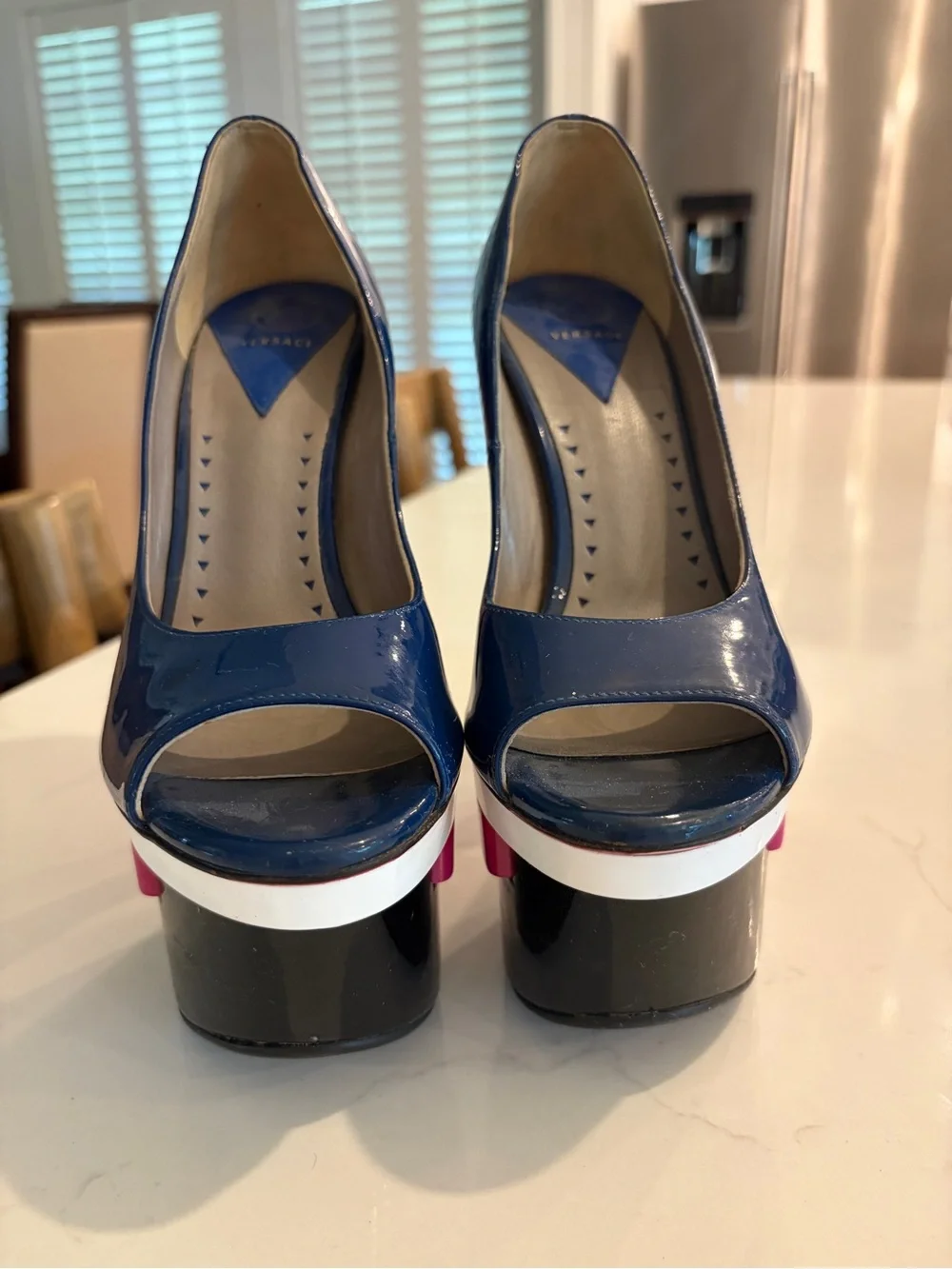 Versace Black, Pink & Blue Triple Platform Peeptoe Heels 35 U.S. 5